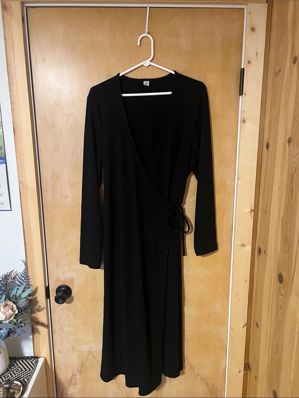 Old Navy Black Ribbed Wrap Midi Dress with Tie Waist